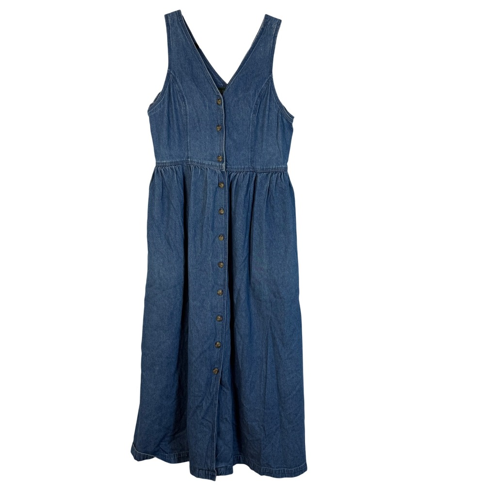 VTG Bushwacker Denim Midi Dress Womens 8 Blue Cotton Button Front V-Neck 90s